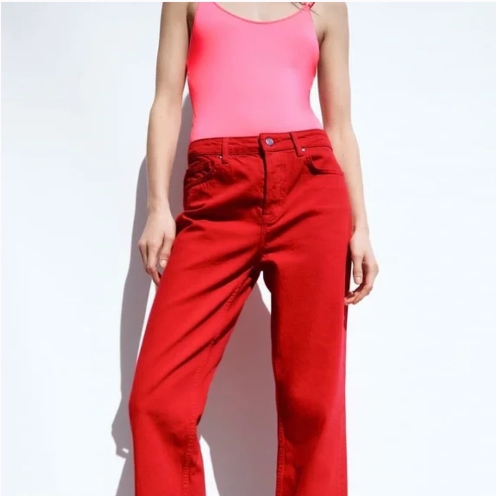 Zara Red Mid Rise Straight Denim Jeans